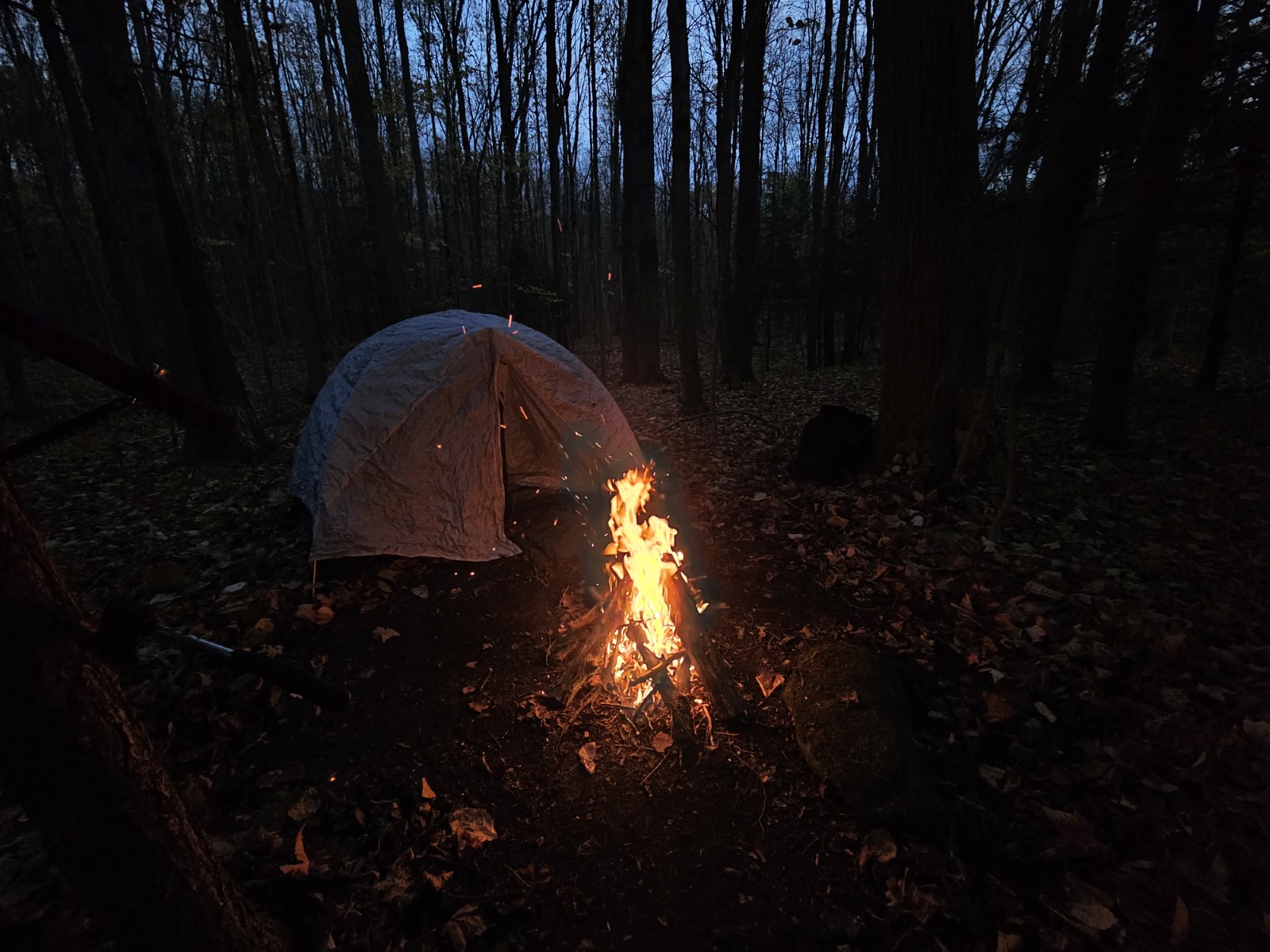 Campfire while solo camping in the woods